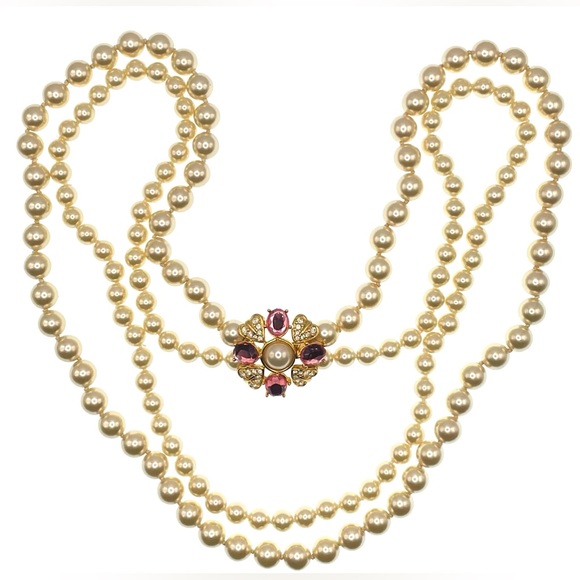 Vintage Signed Deidre Hall Long 2 Strand Faux Pearl Necklace Pink Floral Clasp - Picture 2 of 8
